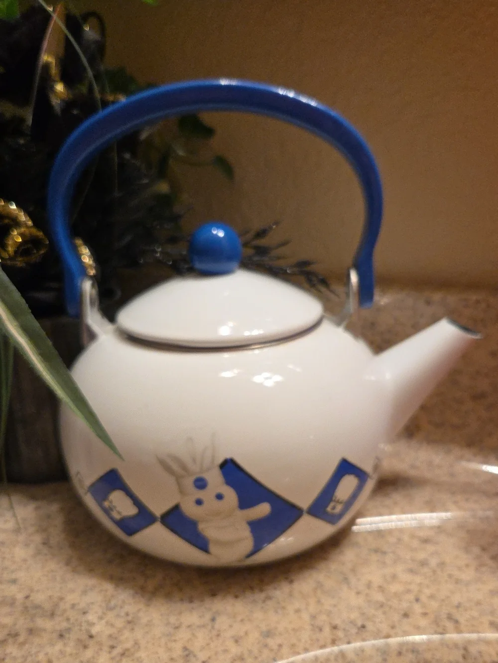 1999 Pillsbury doughboy Teapot with Blue Handle and Decorative Blue Accents